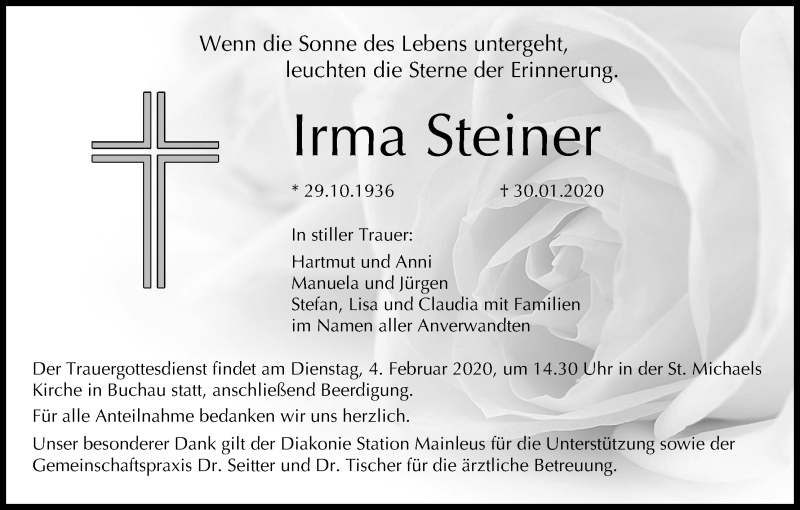  Traueranzeige für Irma Steiner vom 03.02.2020 aus MGO