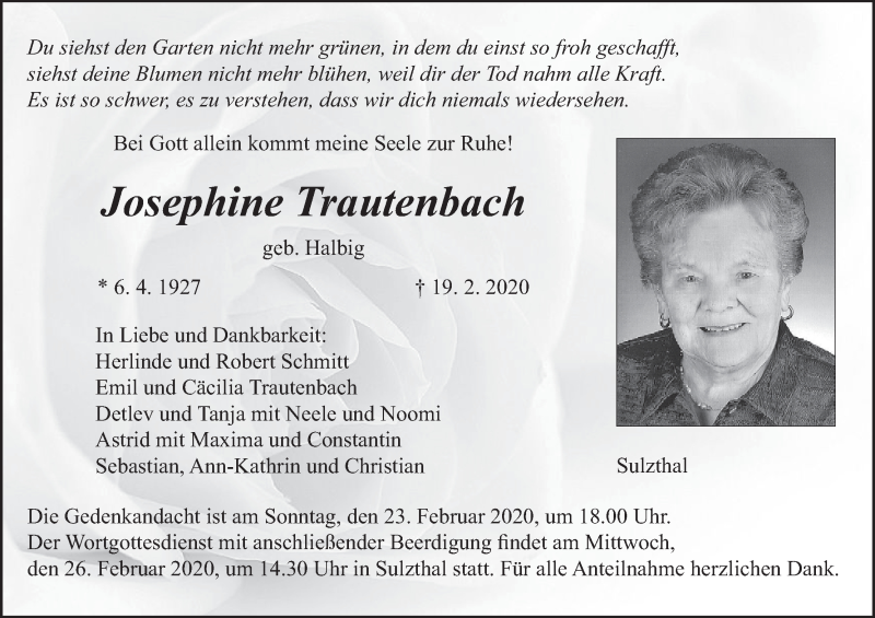  Traueranzeige für Josephine Trautenbach vom 22.02.2020 aus MGO