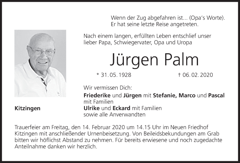  Traueranzeige für Jürgen Palm vom 11.02.2020 aus MGO