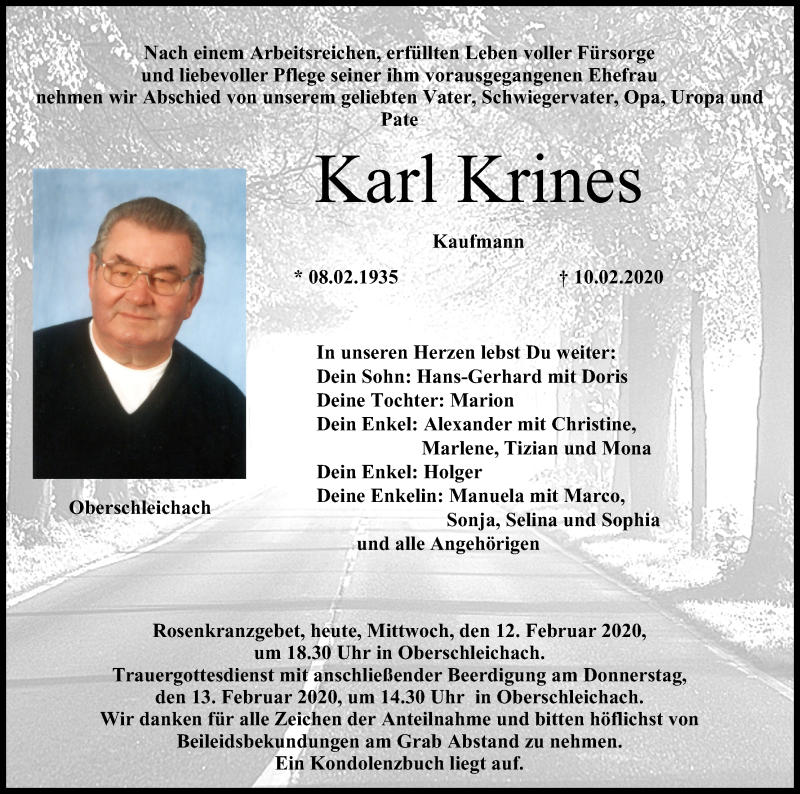  Traueranzeige für Karl Krines vom 12.02.2020 aus MGO