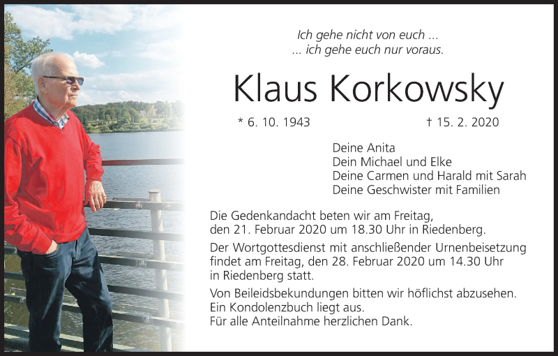  Traueranzeige für Klaus Korkowsky vom 19.02.2020 aus MGO