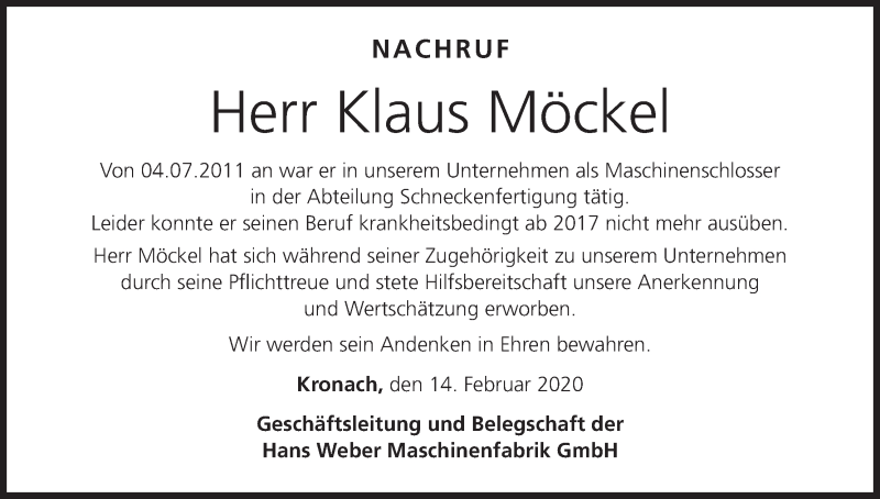  Traueranzeige für Klaus Möckel vom 14.02.2020 aus MGO