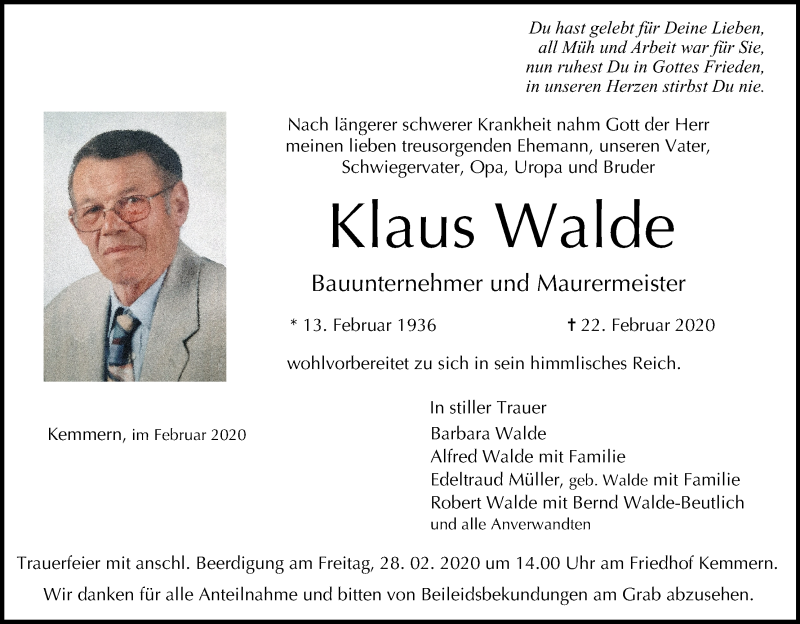  Traueranzeige für Klaus Walde vom 25.02.2020 aus MGO