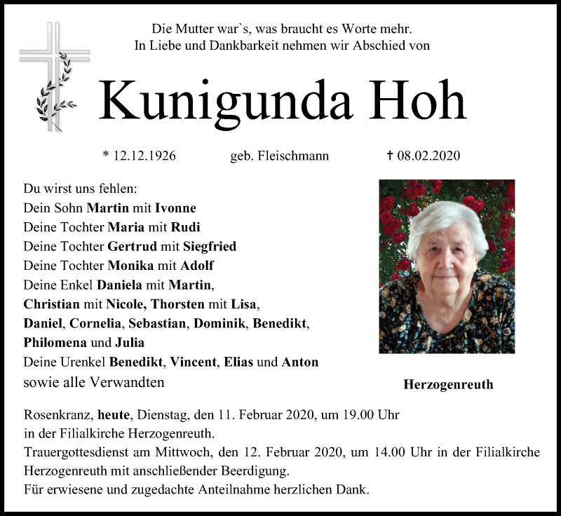  Traueranzeige für Kunigunda Hoh vom 11.02.2020 aus MGO