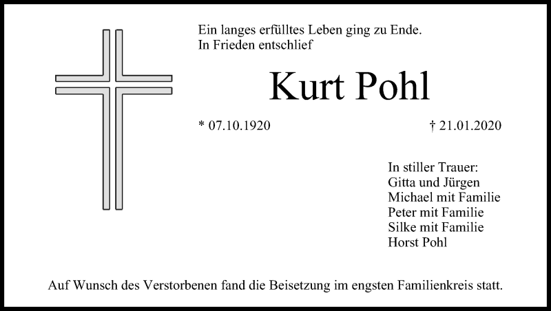  Traueranzeige für Kurt Pohl vom 01.02.2020 aus MGO