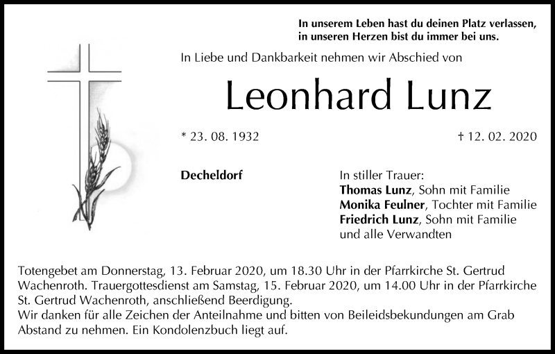  Traueranzeige für Leonhard Lunz vom 13.02.2020 aus MGO