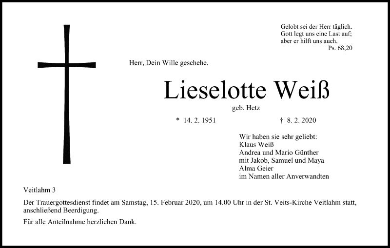  Traueranzeige für Lieselotte Weiß vom 13.02.2020 aus MGO