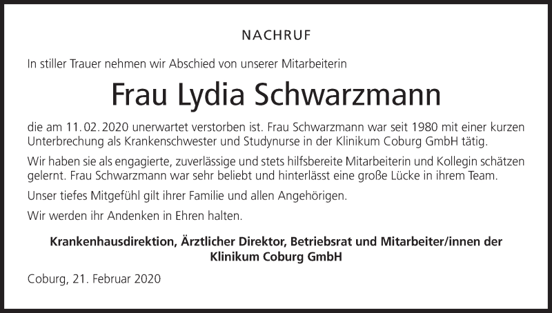 Traueranzeige für Lydia Schwarzmann vom 24.02.2020 aus MGO