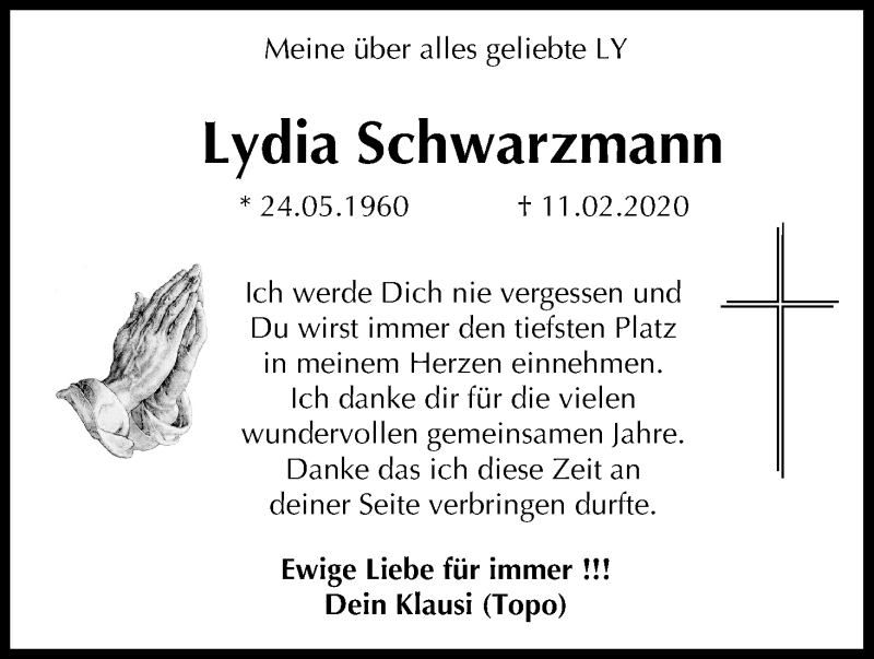  Traueranzeige für Lydia Schwarzmann vom 15.02.2020 aus MGO