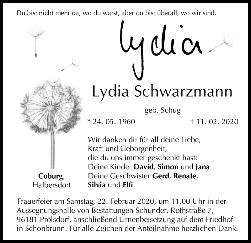  Traueranzeige für Lydia Schwarzmann vom 15.02.2020 aus MGO