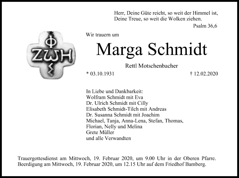  Traueranzeige für Marga Schmidt vom 15.02.2020 aus MGO