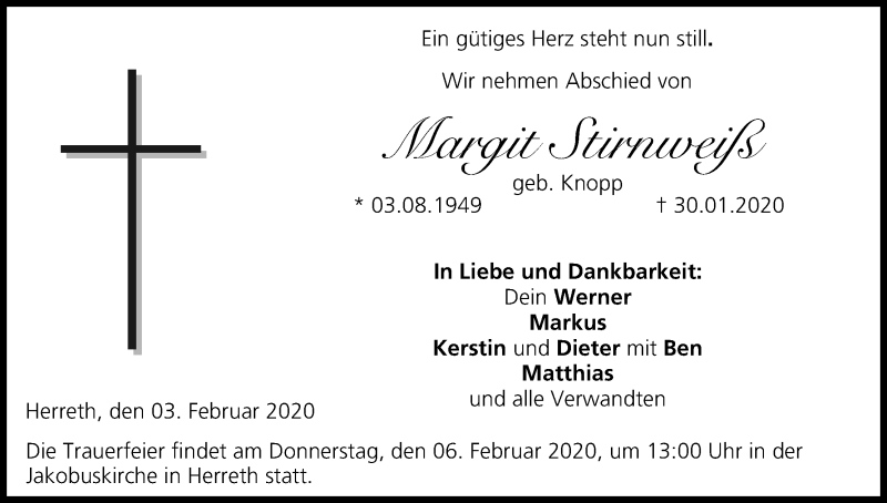  Traueranzeige für Margit Stirnweiß vom 03.02.2020 aus MGO