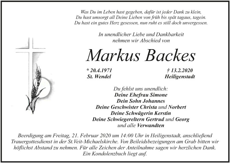  Traueranzeige für Markus Backes vom 18.02.2020 aus MGO