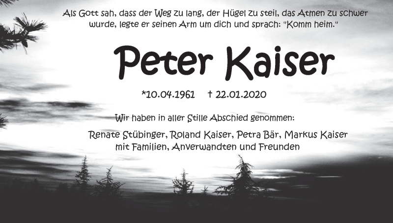stam Stevenson vriendschap Peter Kaiser | Traueranzeige | trauer.inFranken.de