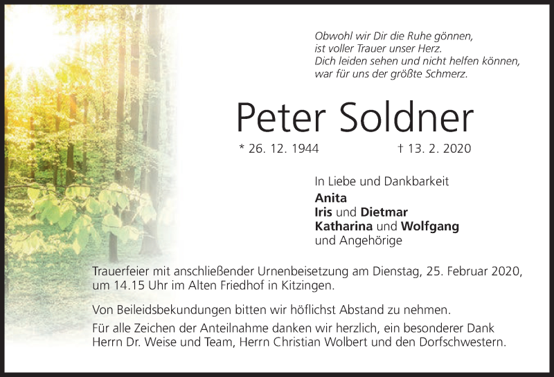  Traueranzeige für Peter Soldner vom 22.02.2020 aus MGO