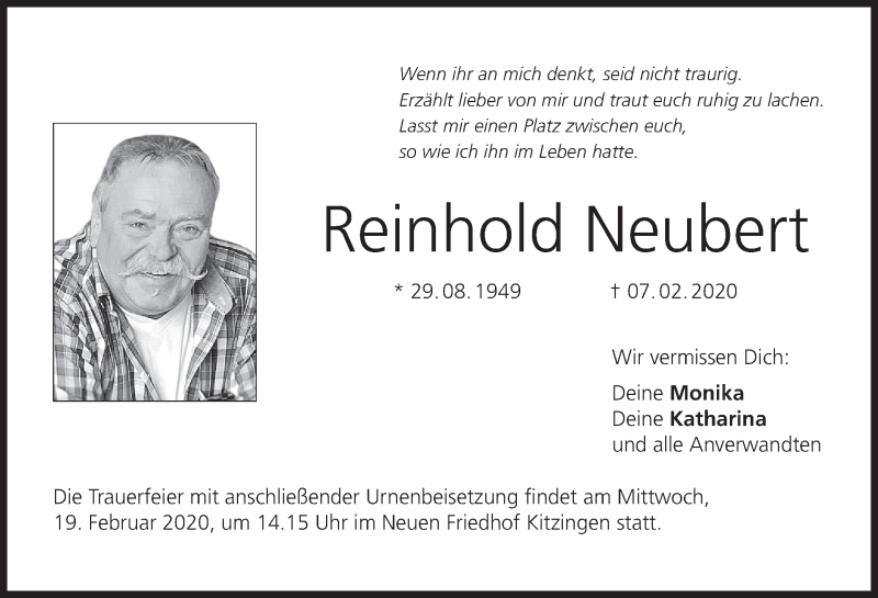  Traueranzeige für Reinhold Neubert vom 15.02.2020 aus MGO
