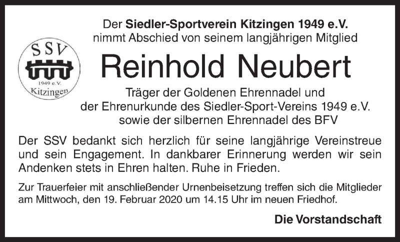  Traueranzeige für Reinhold Neubert vom 18.02.2020 aus MGO