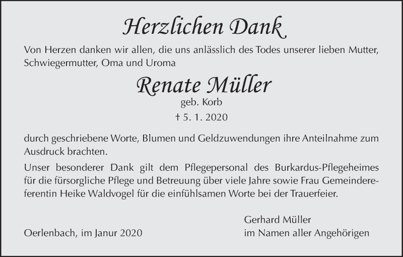  Traueranzeige für Renate Müller vom 01.02.2020 aus MGO