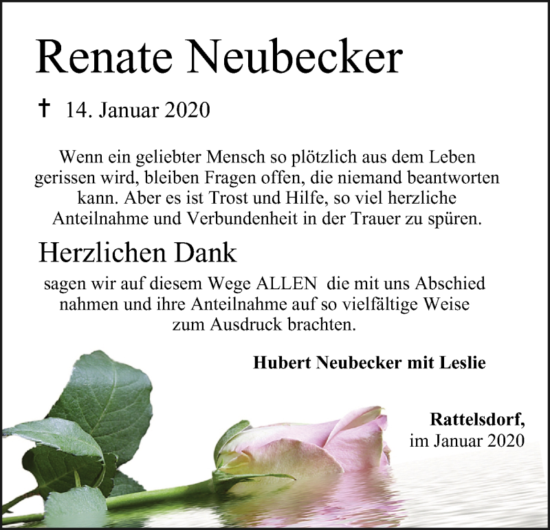  Traueranzeige für Renate Neubecker vom 01.02.2020 aus MGO