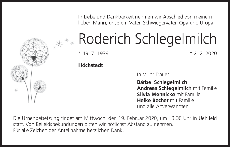  Traueranzeige für Roderich Schlegelmilch vom 18.02.2020 aus MGO