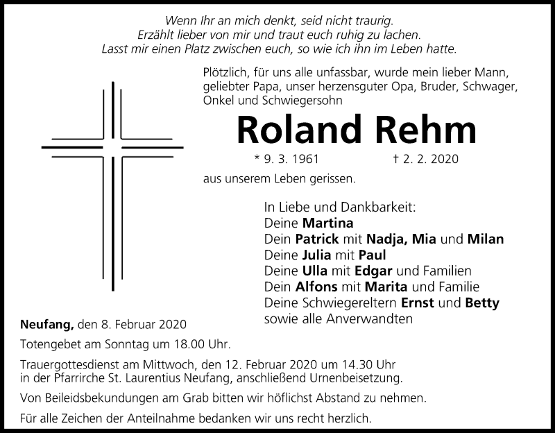  Traueranzeige für Roland Rehm vom 08.02.2020 aus MGO
