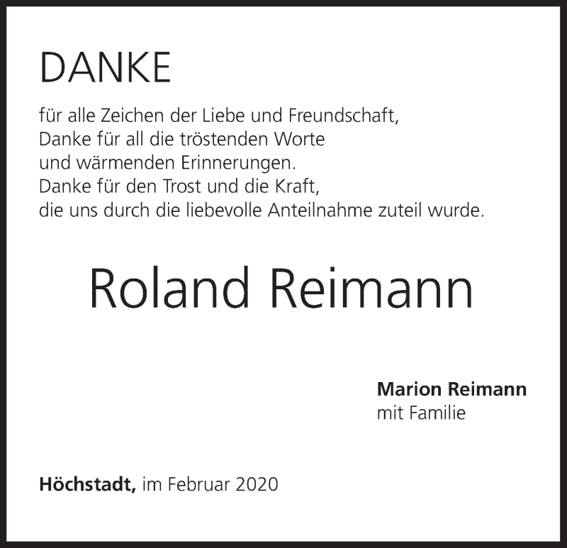  Traueranzeige für Roland Reimann vom 19.02.2020 aus MGO