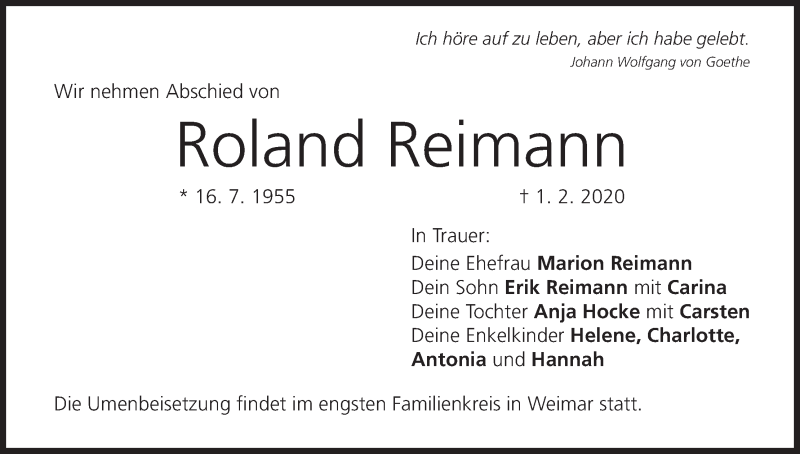  Traueranzeige für Roland Reimann vom 04.02.2020 aus MGO