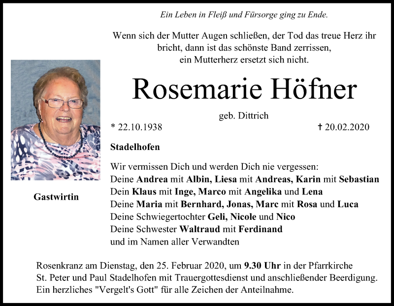  Traueranzeige für Rosemarie Höfner vom 22.02.2020 aus MGO