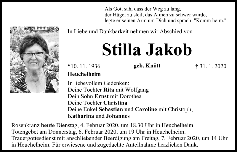  Traueranzeige für Stilla Jakob vom 04.02.2020 aus MGO