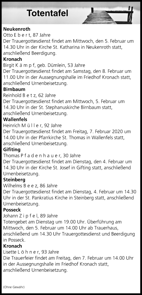  Traueranzeige für Totentafel vom 04.02.2020 vom 04.02.2020 aus MGO