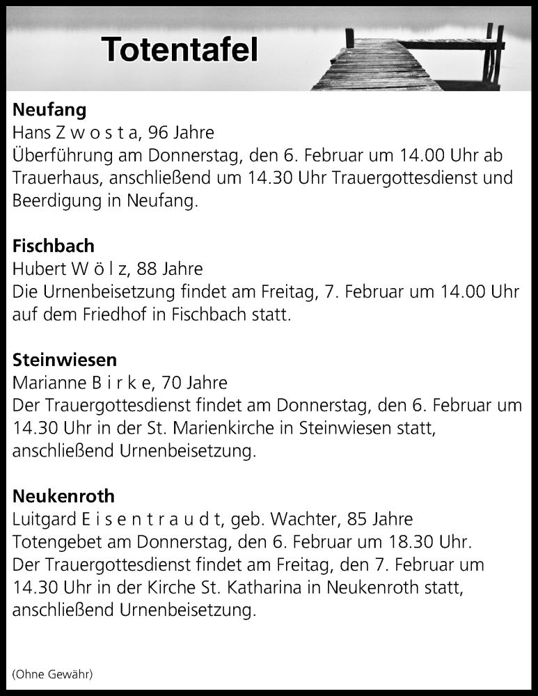  Traueranzeige für Totentafel vom 05.02.2020 vom 05.02.2020 aus MGO