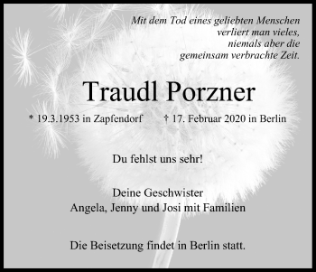 Anzeige von Traudl Porzner von MGO