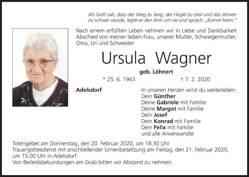  Traueranzeige für Ursula Wagner vom 19.02.2020 aus MGO