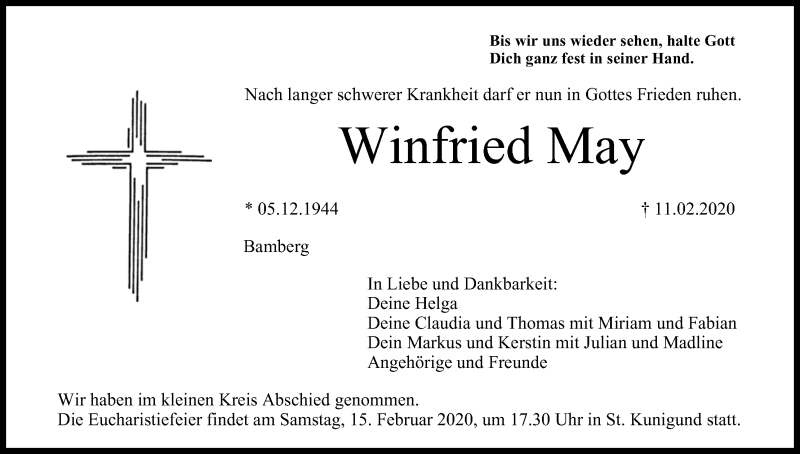  Traueranzeige für Winfried May vom 15.02.2020 aus MGO