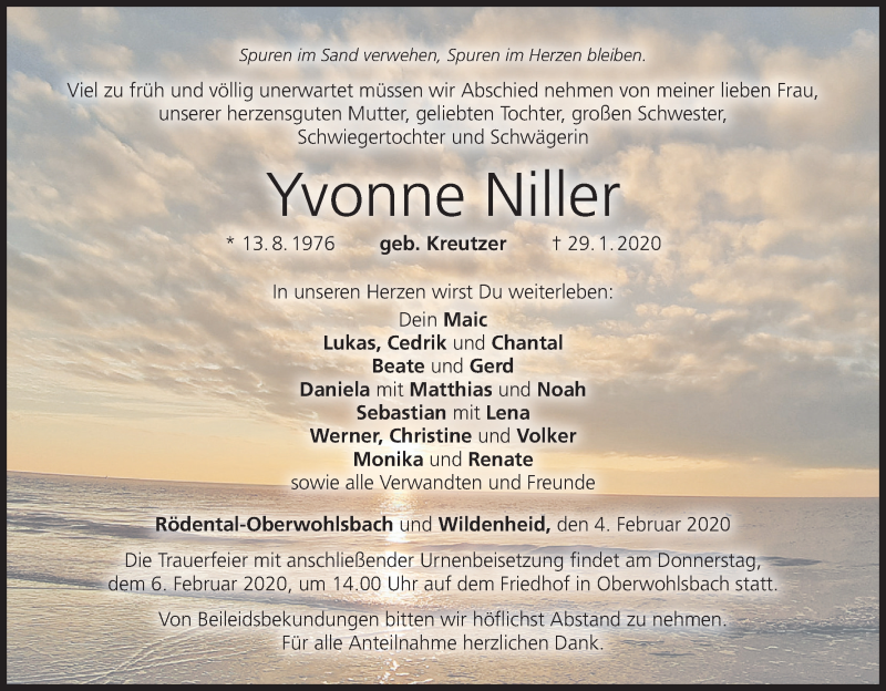  Traueranzeige für Yvonne Niller vom 04.02.2020 aus MGO