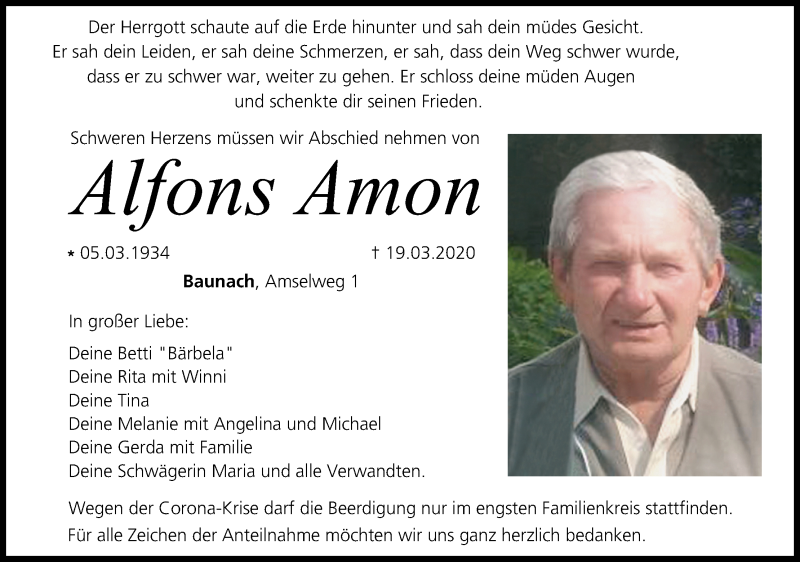  Traueranzeige für Alfons Amon vom 21.03.2020 aus MGO