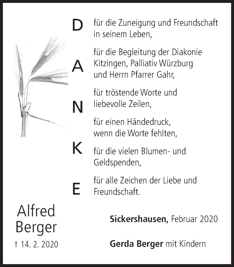  Traueranzeige für Alfred Berger vom 29.02.2020 aus MGO
