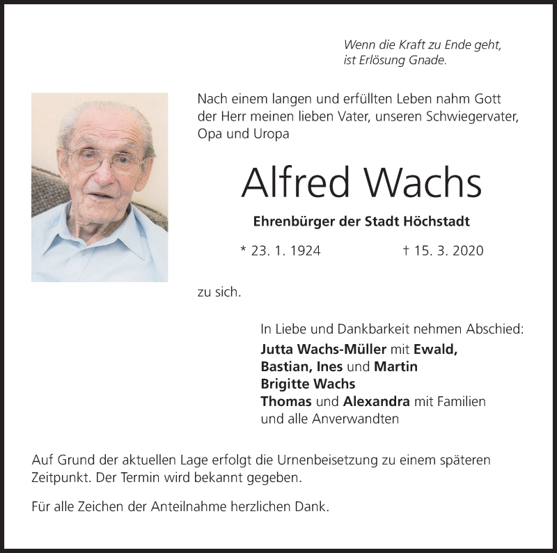  Traueranzeige für Alfred Wachs vom 19.03.2020 aus MGO