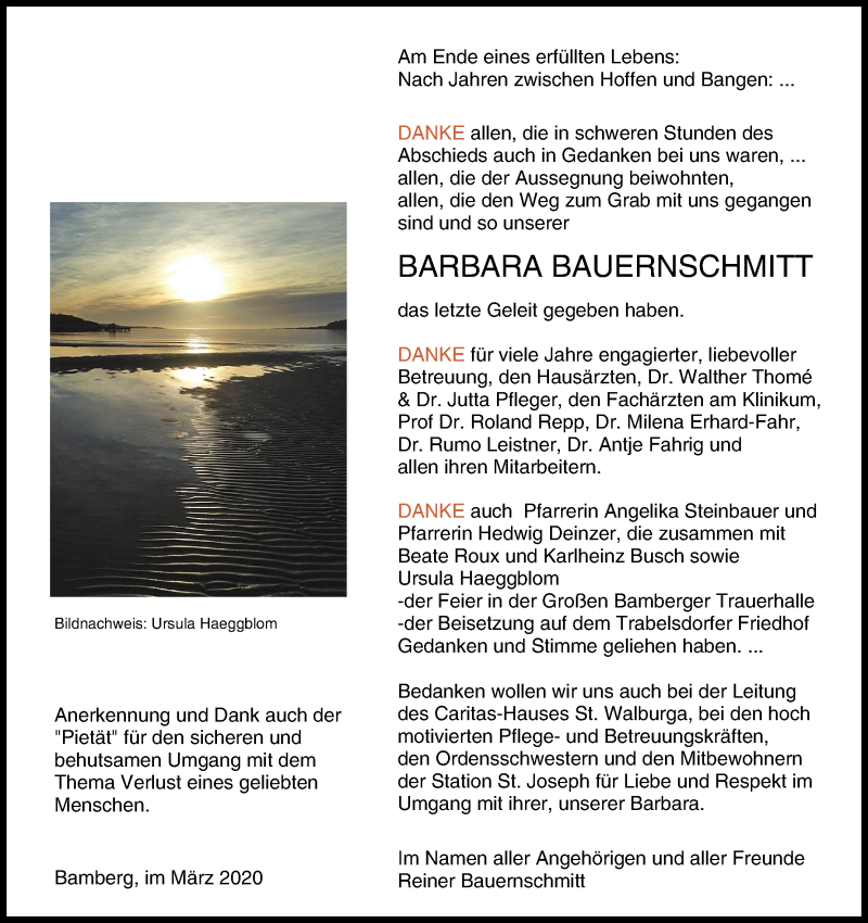  Traueranzeige für Barbara Bauernschmitt vom 21.03.2020 aus MGO