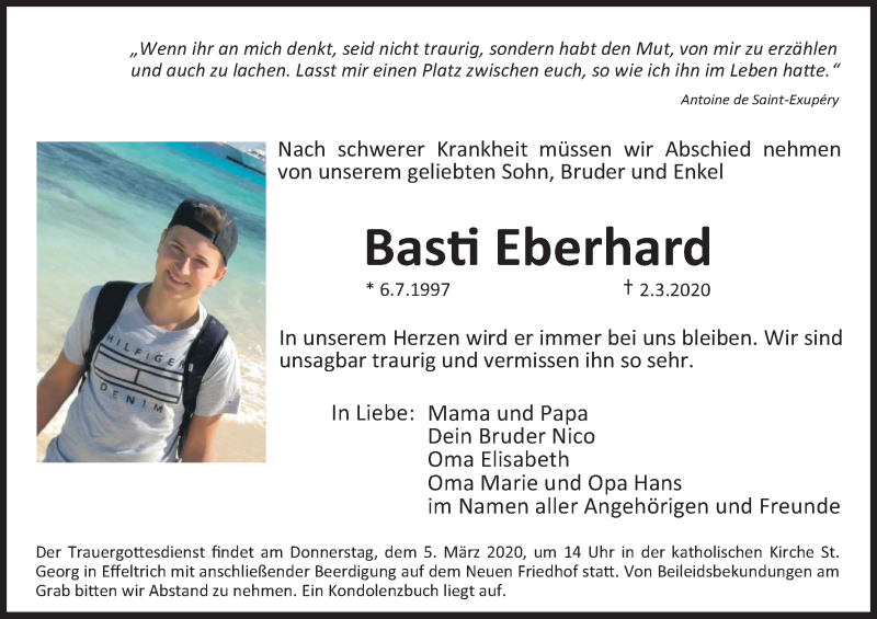 Traueranzeige für Basti Eberhard vom 03.03.2020 aus MGO
