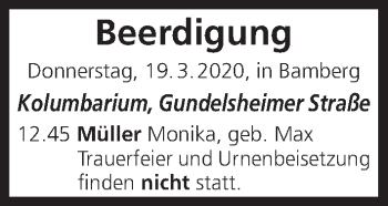 Anzeige von Beerdigungen vom 18.03.2020 von MGO