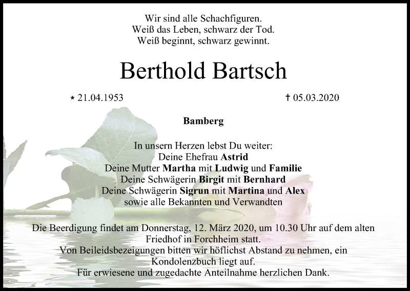  Traueranzeige für Berthold Bartsch vom 10.03.2020 aus MGO