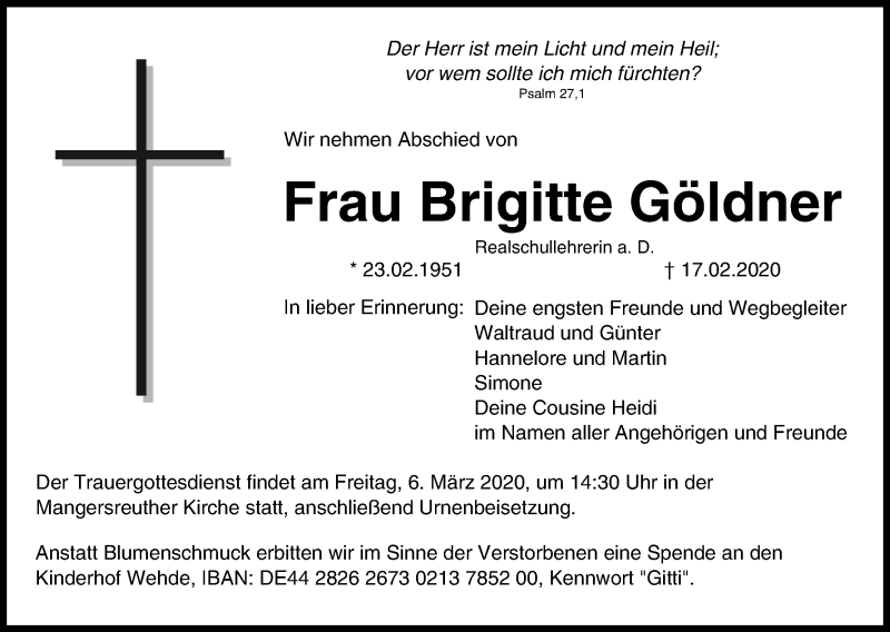  Traueranzeige für Brigitte Göldner vom 03.03.2020 aus MGO