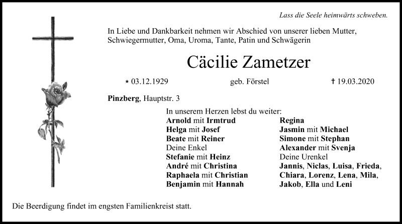  Traueranzeige für Cäcilie Zametzer vom 21.03.2020 aus MGO