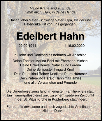 Anzeige von Edelbert Hahn von MGO