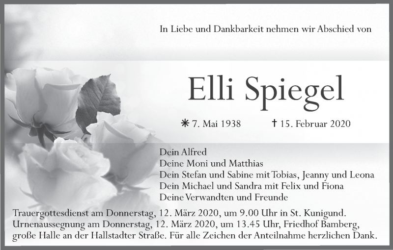  Traueranzeige für Elli Spiegel vom 07.03.2020 aus MGO