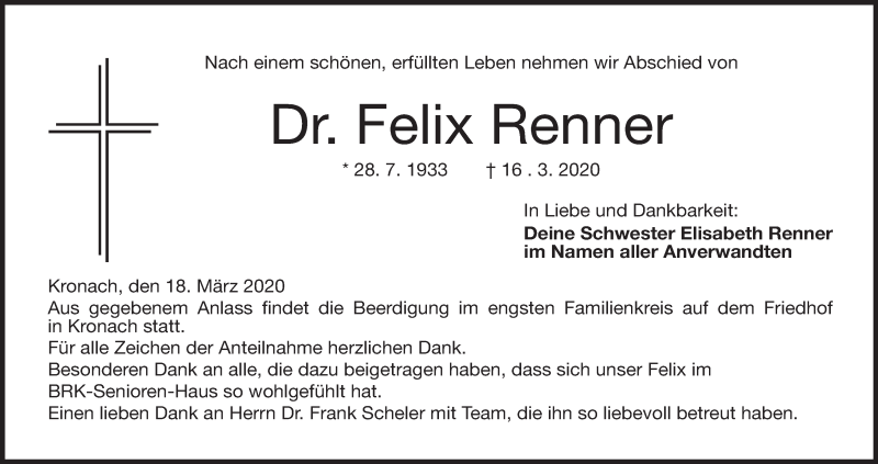  Traueranzeige für Felix Renner vom 18.03.2020 aus MGO