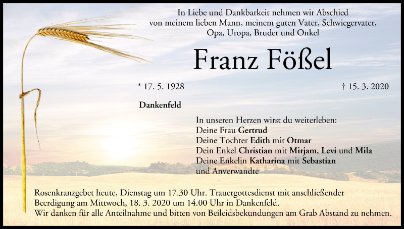  Traueranzeige für Franz Fößel vom 17.03.2020 aus MGO