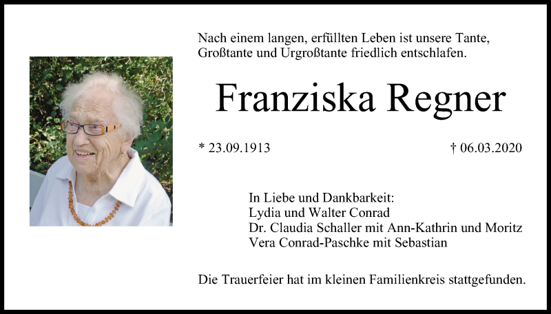  Traueranzeige für Franziska Regner vom 14.03.2020 aus MGO