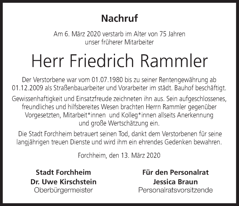  Traueranzeige für Friedrich Rammler vom 13.03.2020 aus MGO